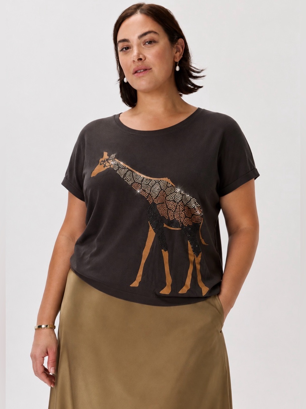 Fiorella Rubino Giraffe Rhinestone Chocolate Brown T-shirt Blouse Novelty 16/18
